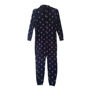 New Plush Navy Mr & Mrs Gingerbread Santa Sz XL OnePiece Pajamas Zip Up Hooded